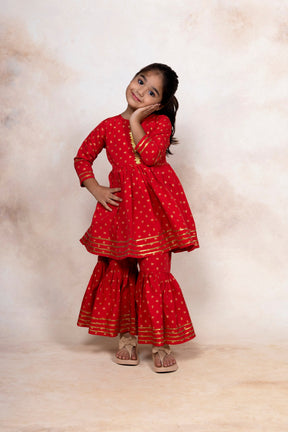 Ahalyaa Red Cotton Frock suit with Gharara Palazzo