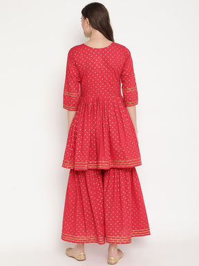 Women's Red Pure Cotton Gold Print Sharara Set