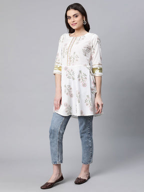 Off White Pure Cotton Floral Printed Tunic
