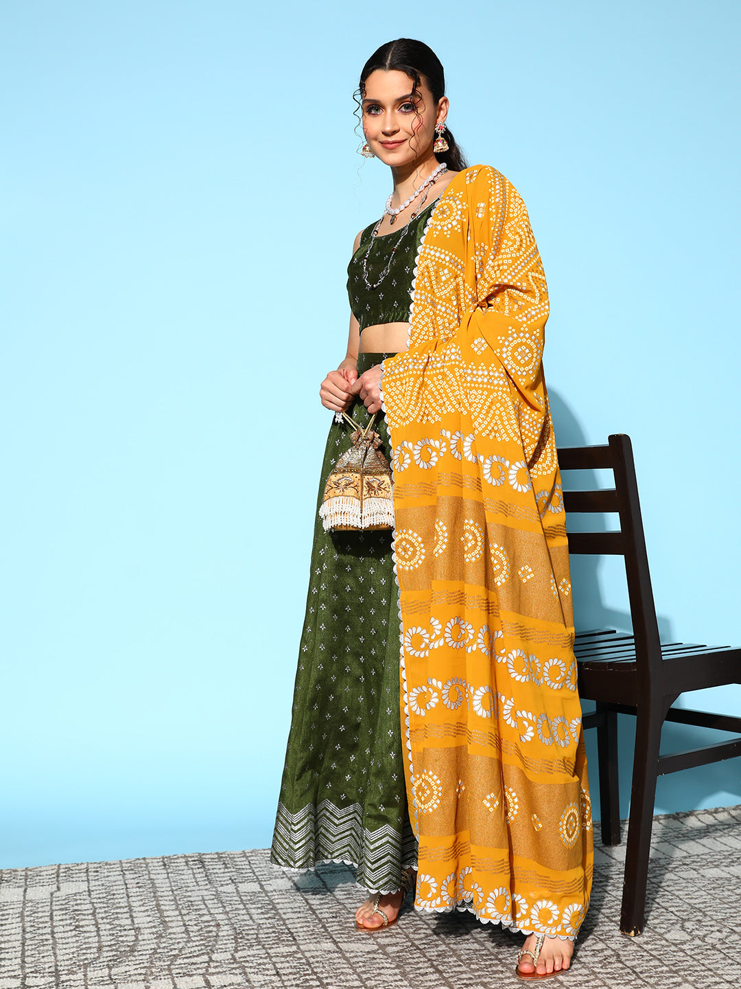 Ahalyaa Olive Green & Silver-Toned Printed Ready to Wear Lehenga & Blouse With Dupatta
