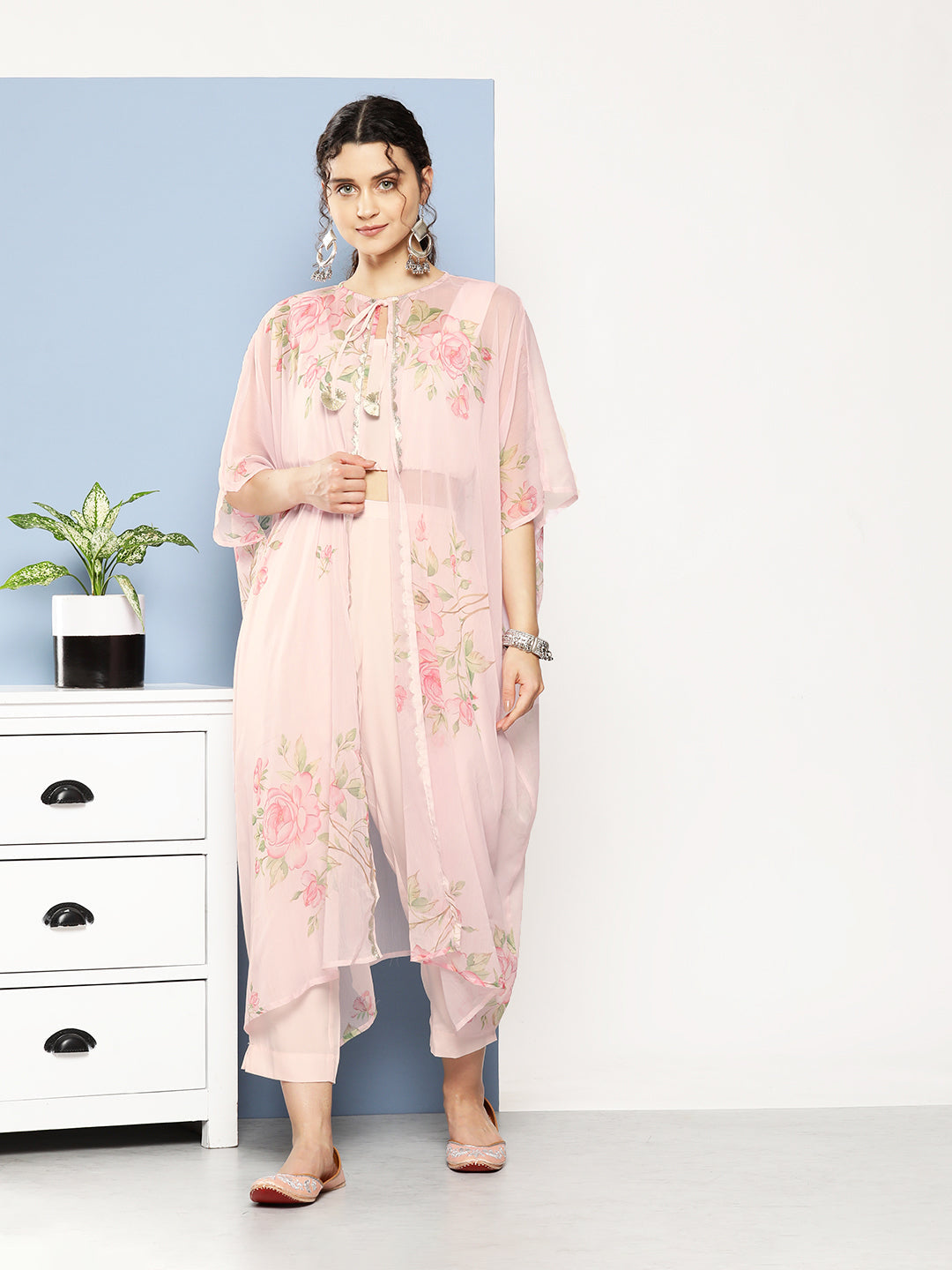 Pink Solid Crepe Co-Ords With Floral Printed Shrug