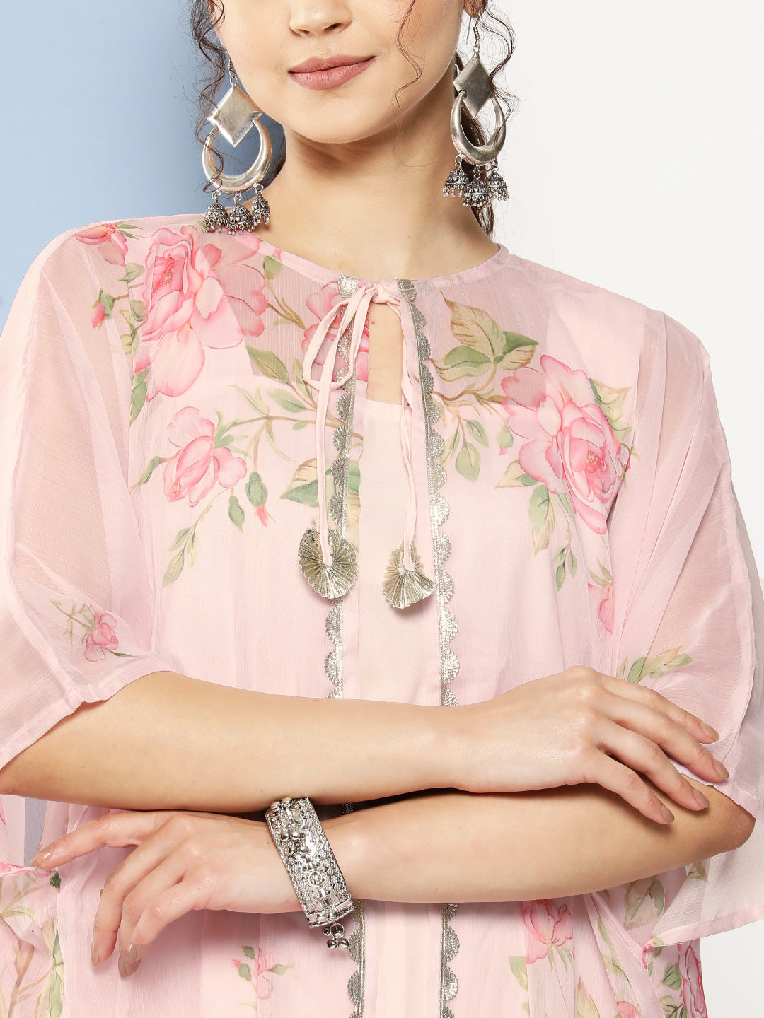 Pink Solid Crepe Co-Ords With Floral Printed Shrug
