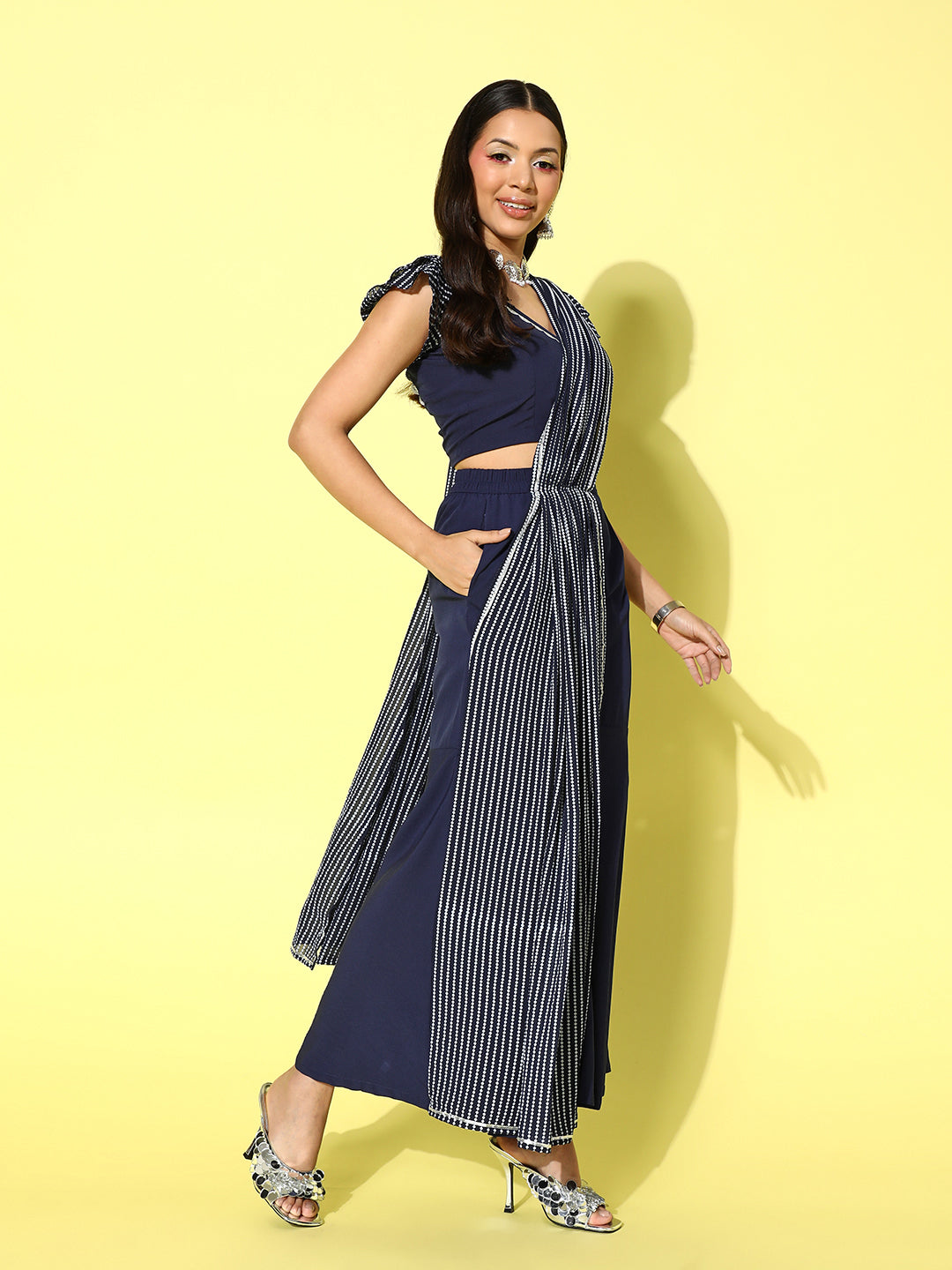 Navy Blue Striped Top with Palazzos and Dupatta