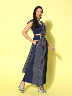 Navy Blue Striped Top with Palazzos and Dupatta