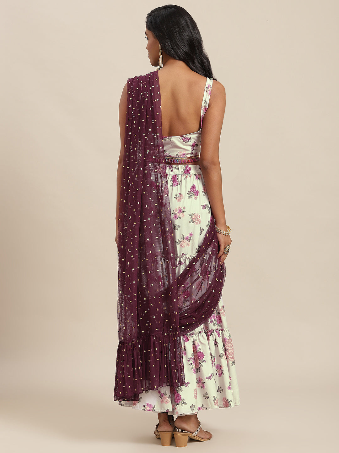 Cream & Maroon Floral Printed Draped Co-ord Sets