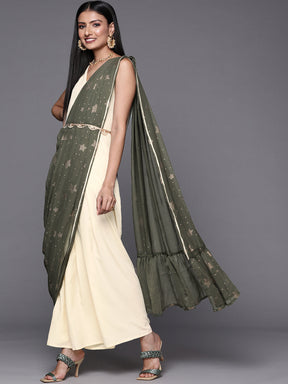 Off White & Olive Green Ethnic Maxi Dress with Attached Dupatta