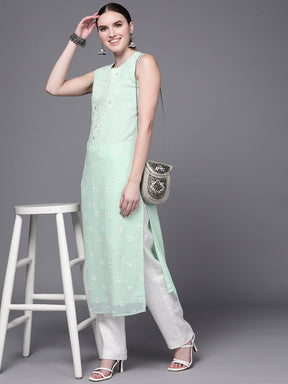 Sea Green Floral Printed Georgette Kurta