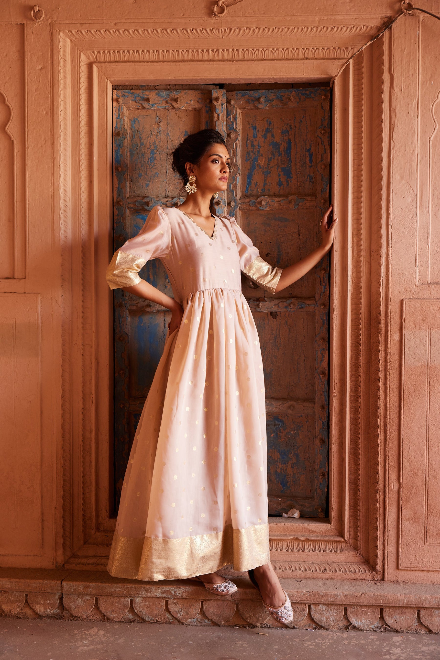 Beige Chanderi Gold Foil Print Dress Beige Chanderi Gold Foil Print Dress