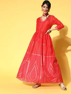 Red Chanderi Khari Printed Ethnic Dress