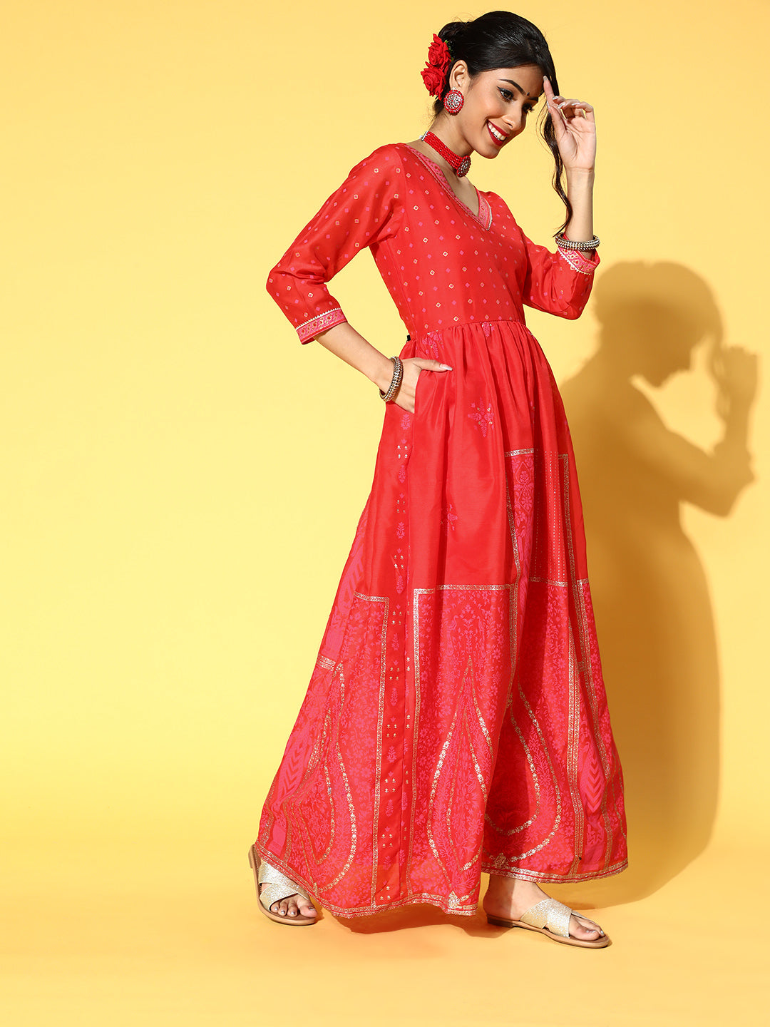 Red Chanderi Khari Printed Ethnic Dress