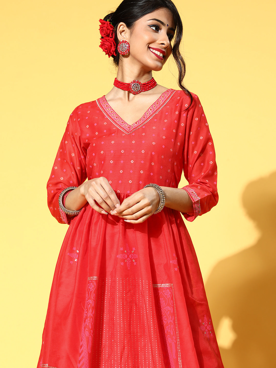 Red Chanderi Khari Printed Ethnic Dress