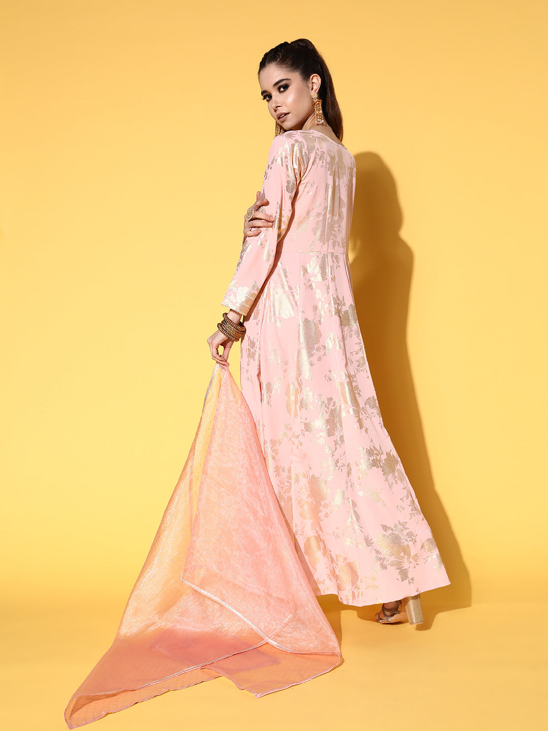 Pink & Gol Printed Gotta Patti Ethnic Dress With Dupatta