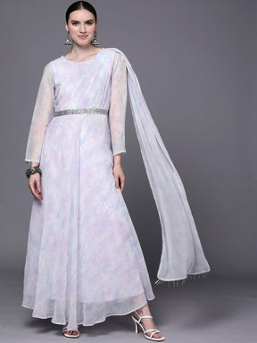 Blue & White Floral Fit & Flare Maxi Ethnic Dress