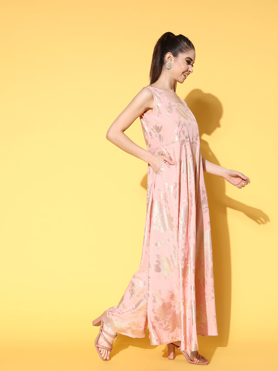 Pink Printed Maxi Ethnic Dress with Jacket