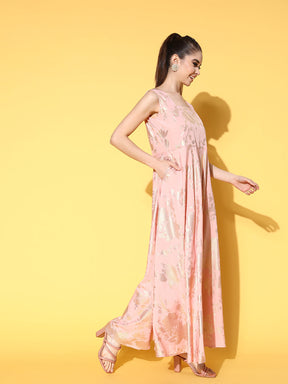 Pink Printed Maxi Ethnic Dress with Jacket