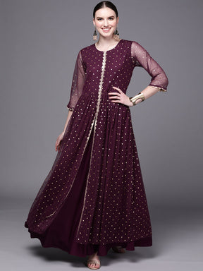 Burgundy Polka Dots Printed Fit & Flare Maxi Ethnic Dress