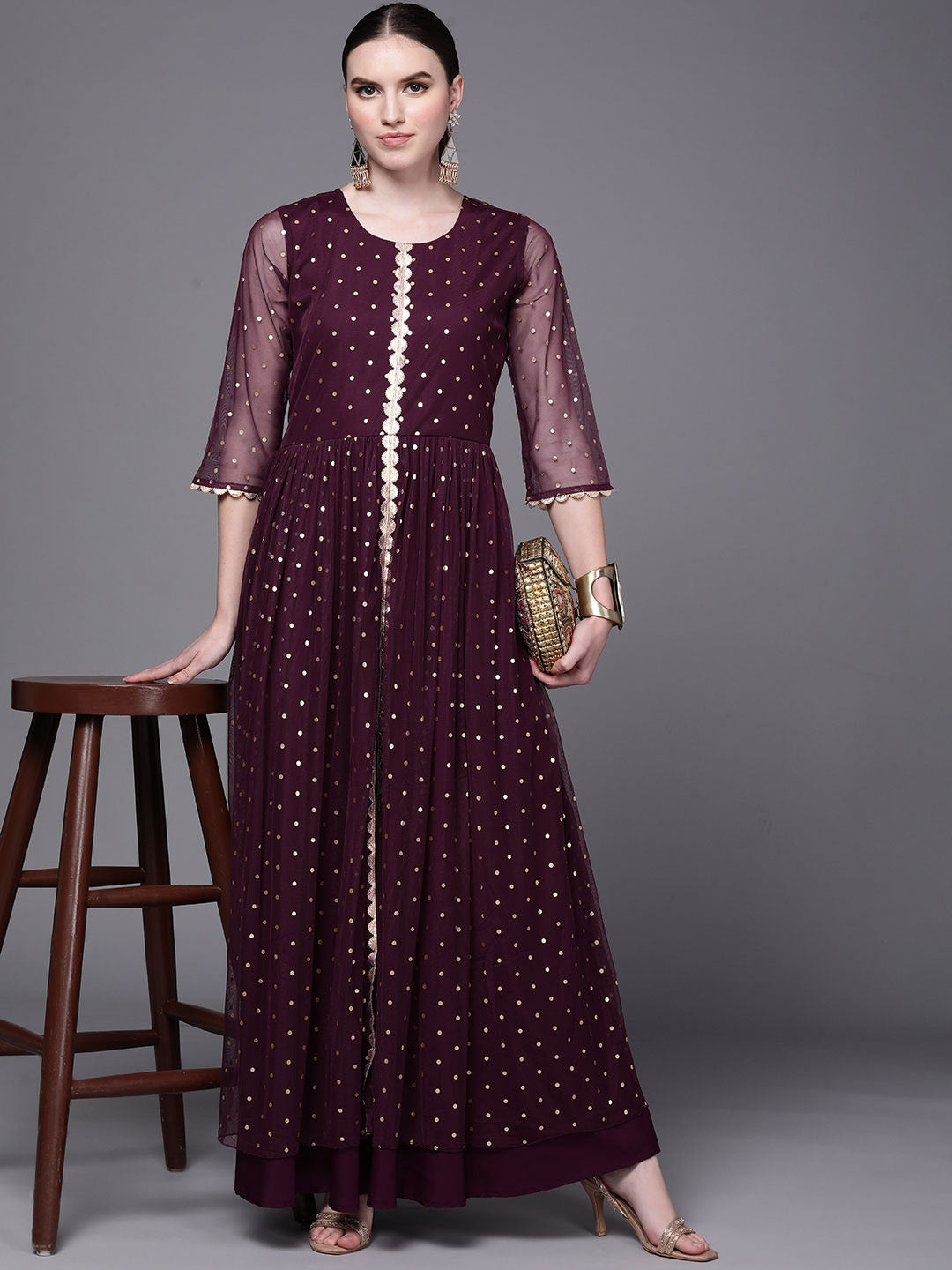 Burgundy Polka Dots Printed Fit & Flare Maxi Ethnic Dress