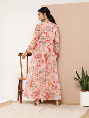 Pink Floral Printed High Slit Kurta with Trousers
