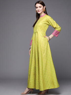 Lime Yellow & Pink Printed Pleated A-Line Maxi Velvet Ethnic Dress