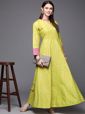Lime Yellow & Pink Printed Pleated A-Line Maxi Velvet Ethnic Dress