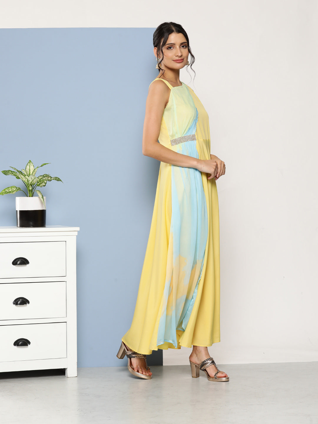 Yellow & Blue Colourblocked Maxi Ethnic Dress