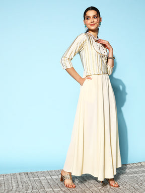 Off White Striped Maxi Ethnic Dress With Gotta Patti Detail