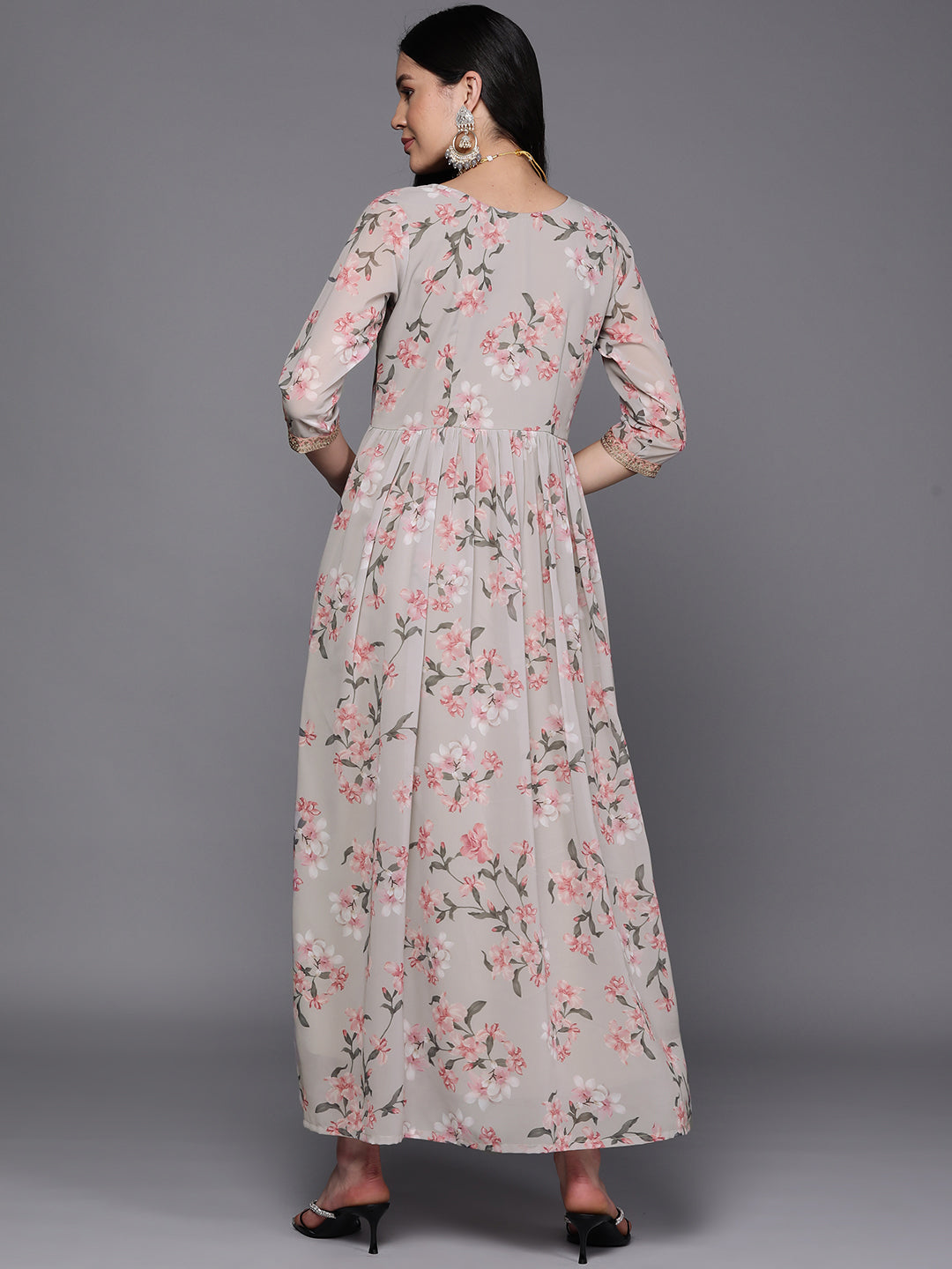 Grey Embroidered Floral Printed Ethnic Dress