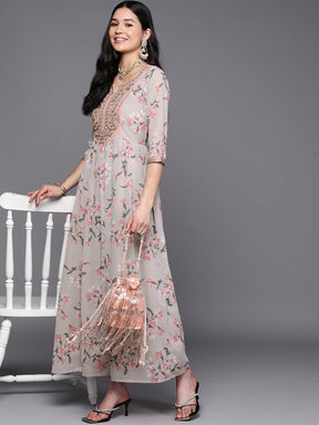 Grey Embroidered Floral Printed Ethnic Dress