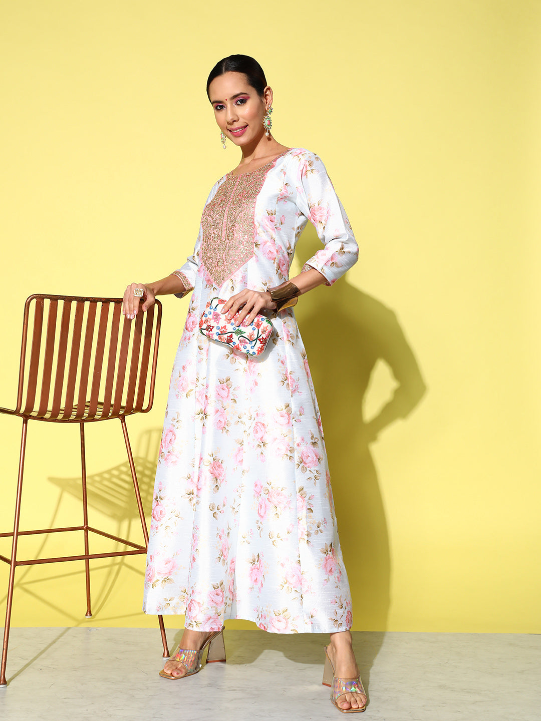Ahalyaa Embroidered Floral Printed Ethnic A-Line Maxi Dress