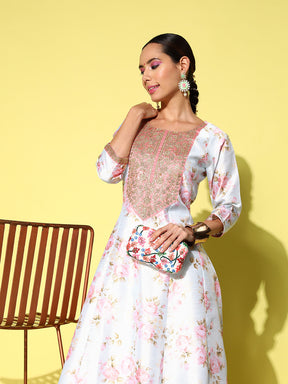 Blue & Pink Embroidered Floral Printed Ethnic A-Line Maxi Dress