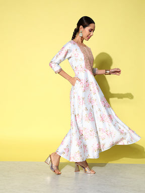 Blue & Pink Embroidered Floral Printed Ethnic A-Line Maxi Dress