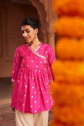 Pink Chanderi Printed Angrakha Style Tunic