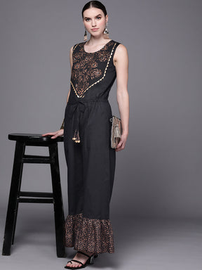 Black Printed Pure Cotton Jumpsuit with Lace Details