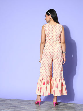 Off White & Pink Pure Cotton Printed Jumpsuit