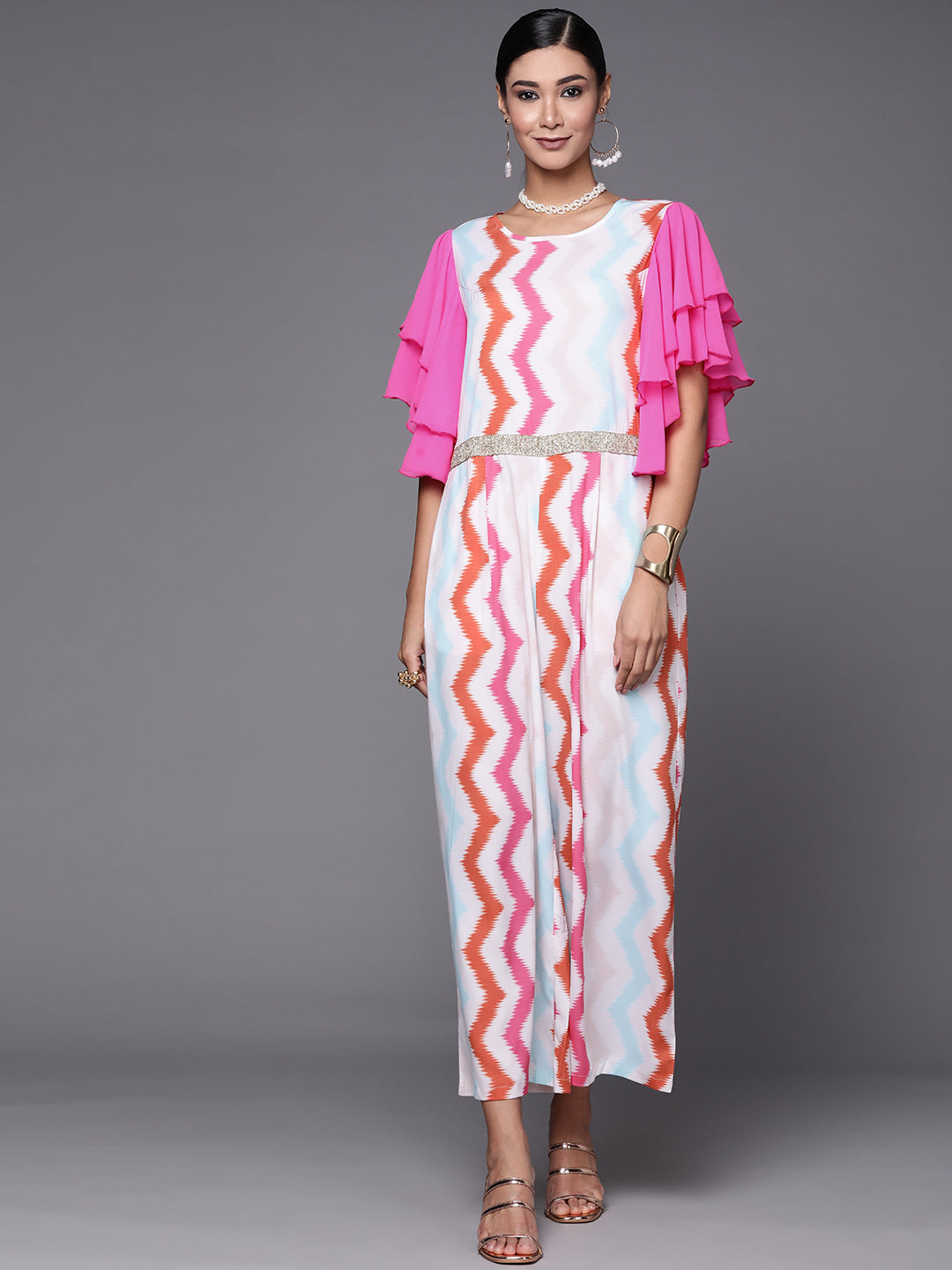 White & Pink Zig Zag Striped Printed Jumpsuit