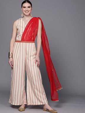 Off White & Red Printed Jumpsuit