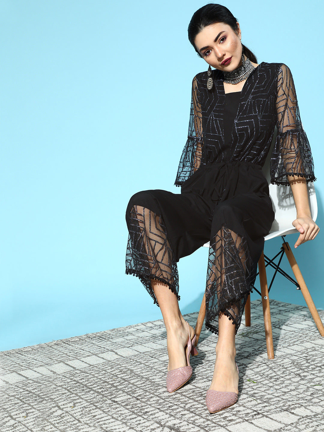 Ahalyaa Womens Crepe & Net Black Printed Jumpsuit