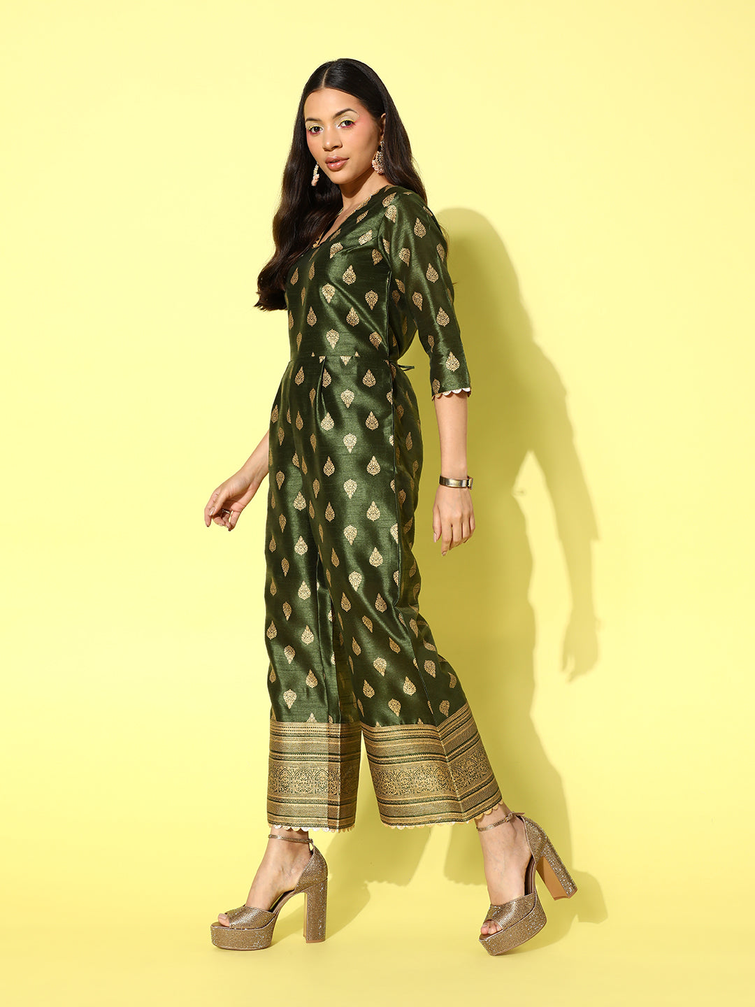 Olive Green & Gold Printed Jumpsuit