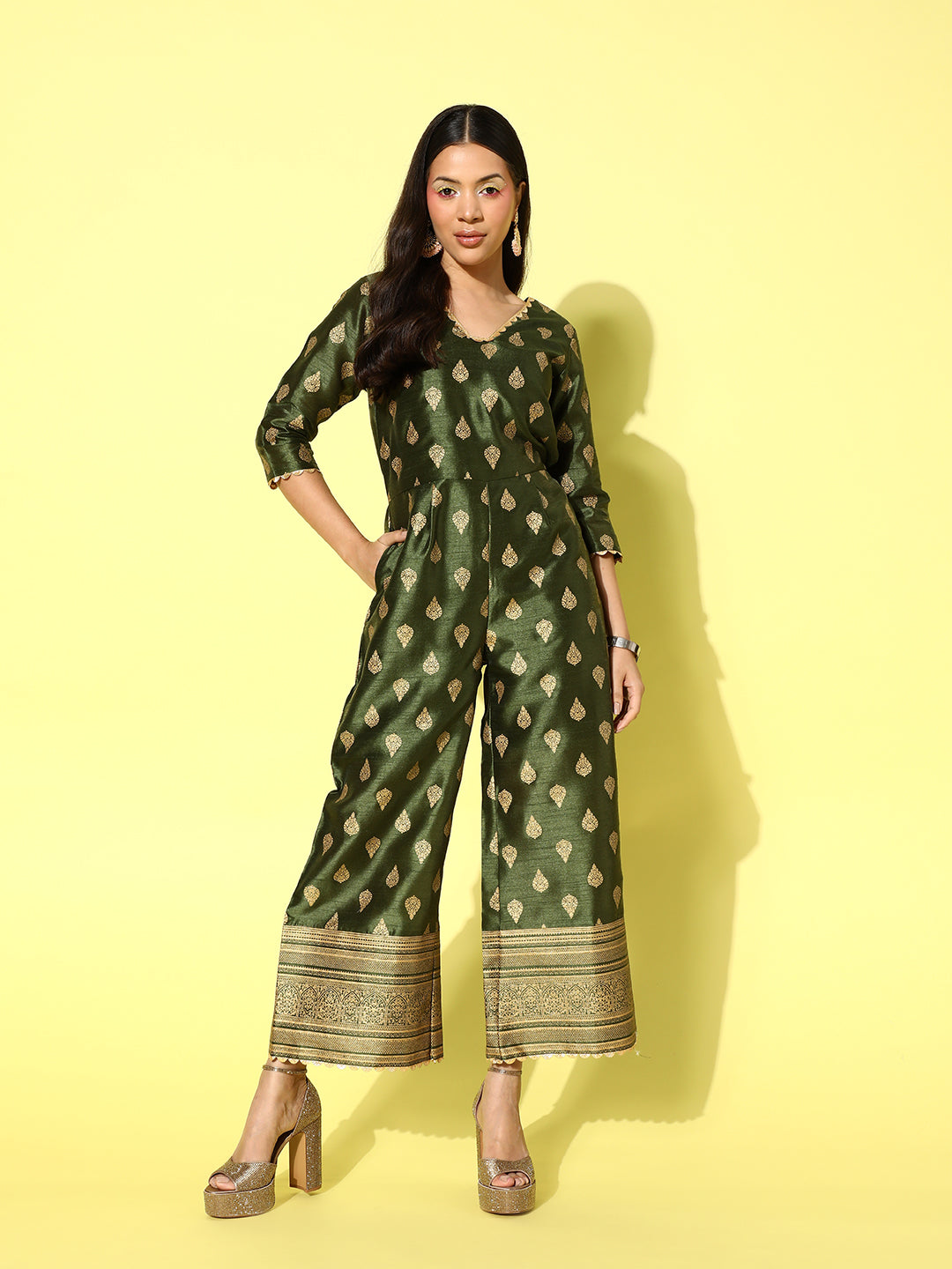 Olive Green & Gold Printed Jumpsuit