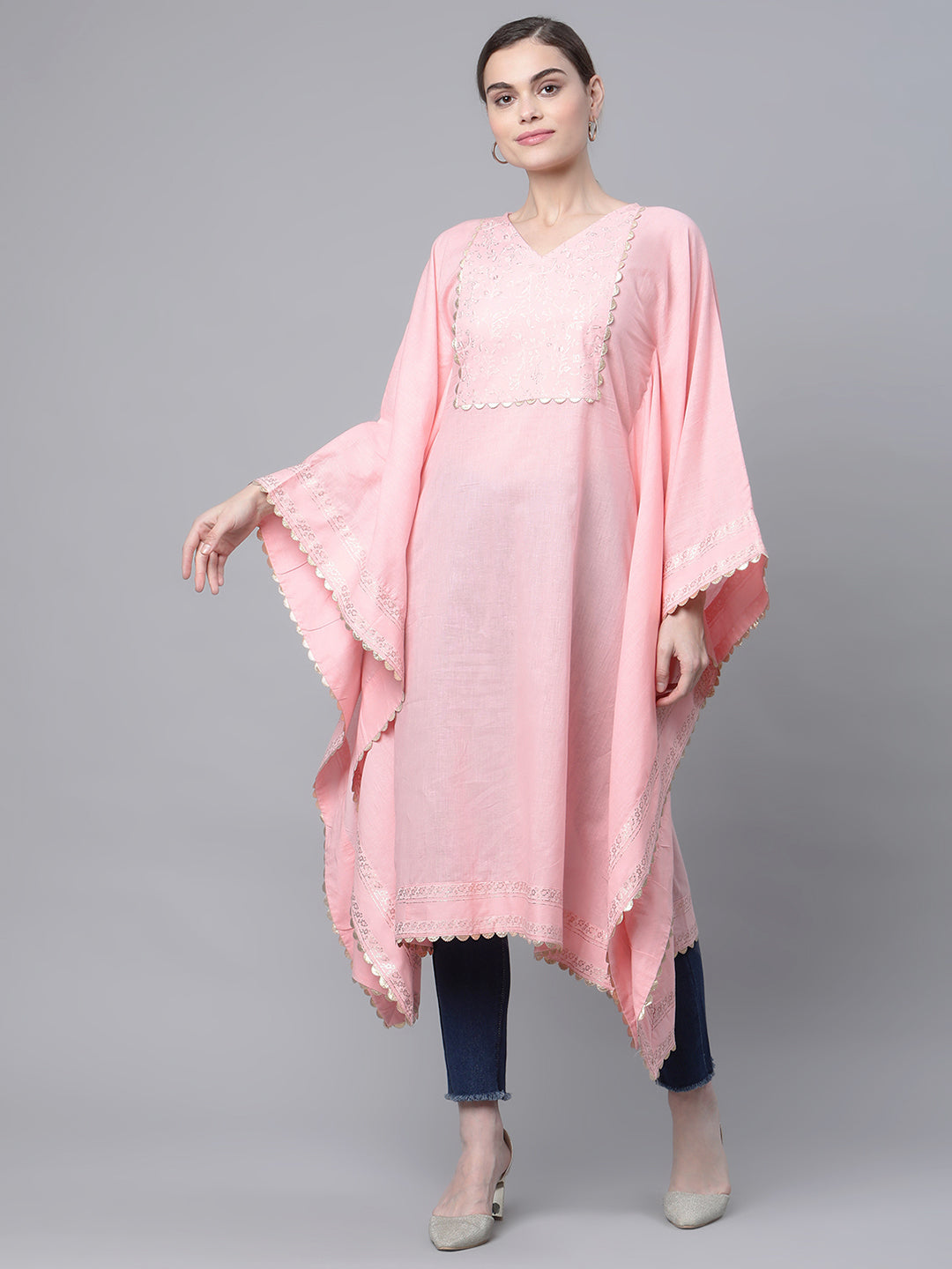 Ahalyaa Women Light Pink Pure Cotton Printed Flared Sleeve Kaftan Kurta