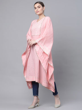 Light Pink Pure Cotton Printed Flared Sleeve Kaftan Kurta