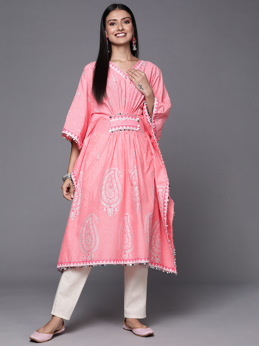 Pink & White Ethnic Motifs Print Pure Cotton Kaftan Kurta