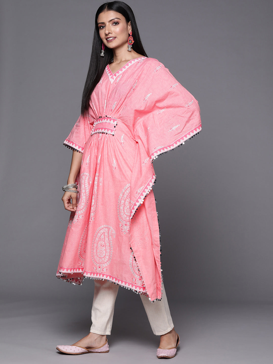 Pink & White Ethnic Motifs Print Pure Cotton Kaftan Kurta