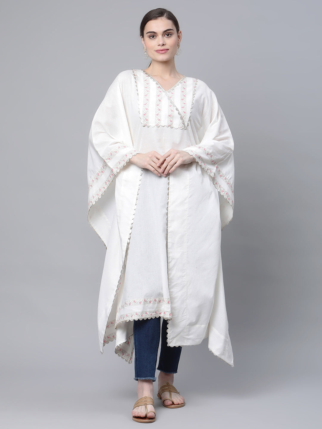 Ahalyaa Women Off white Pure Cotton Printed Flared Sleeve Kaftan Kurta