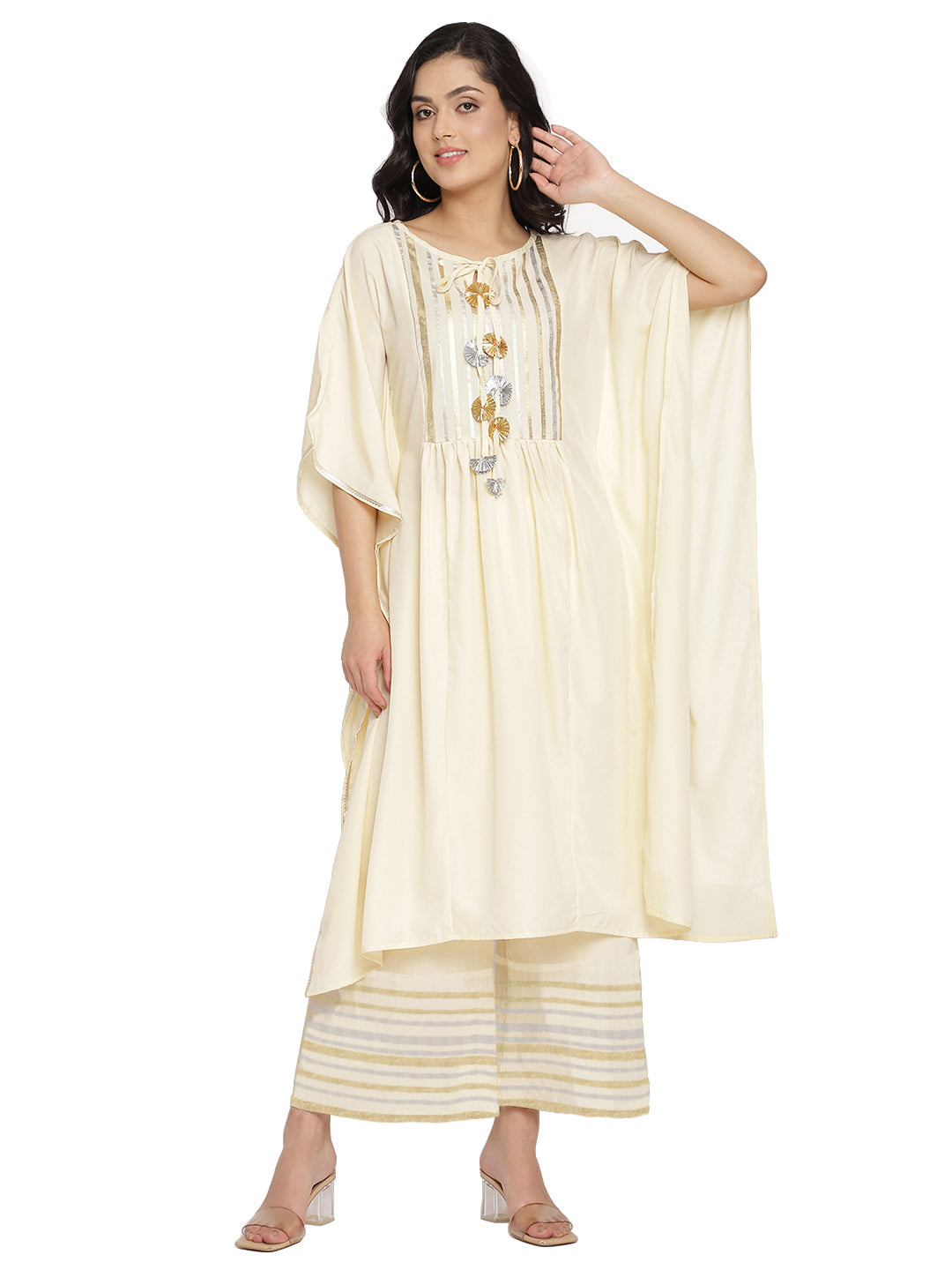 Off White Printed Gotta Patti Kaftan Style Kurta with Palazzos