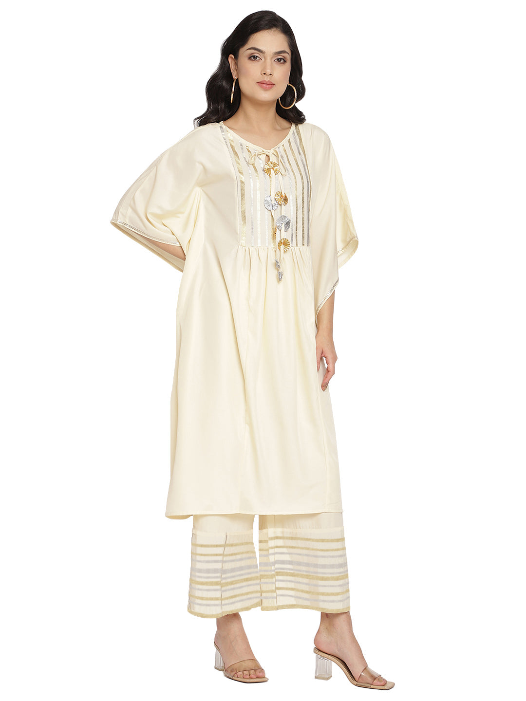 Women Off White Printed Gotta Patti Kaftan Style Kurta with Palazzos