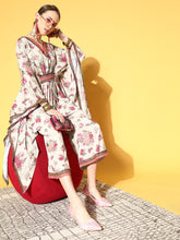 Beige & Pink Floral Printed Pleated Kurta with Palazzos