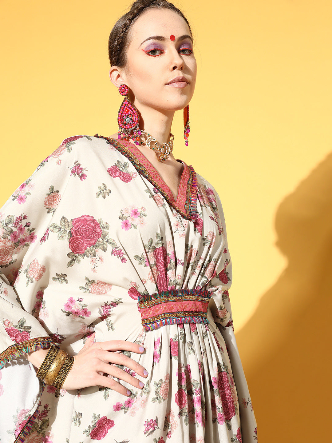 Beige & Pink Floral Printed Pleated Kurta with Palazzos