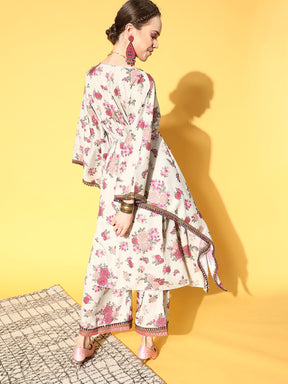 Beige & Pink Floral Printed Pleated Kurta with Palazzos