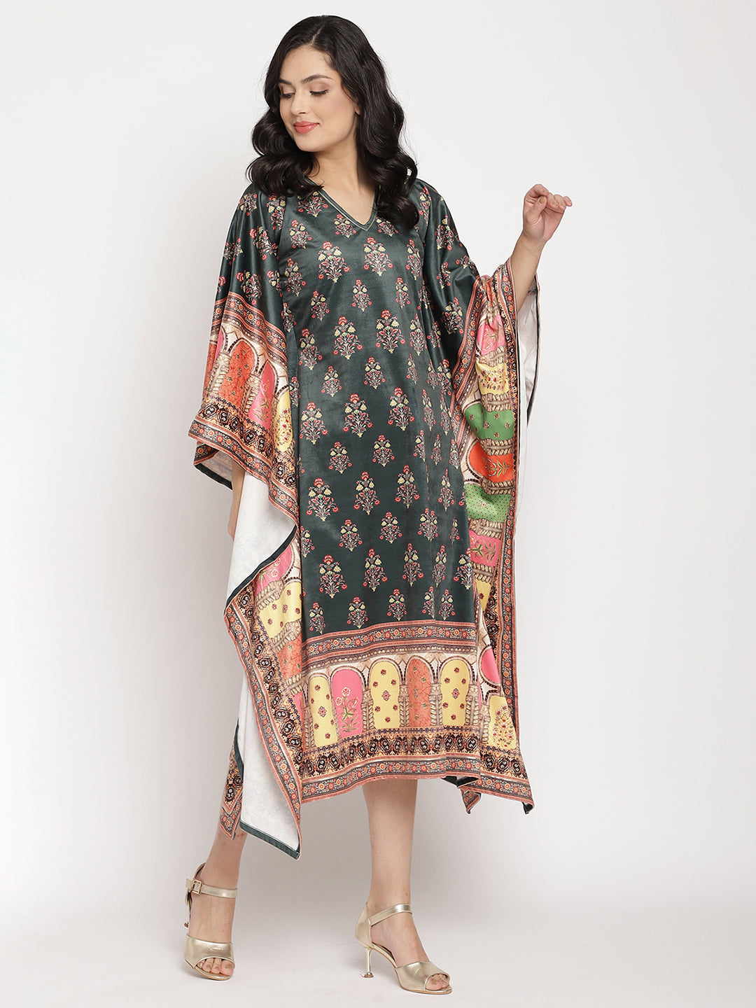 Dark Green Digital Print Velvet Kaftan